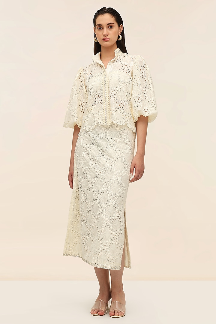 Ivory Schiffli Midi Pencil Skirt by Taangerine Tiger at Pernia's Pop Up Shop