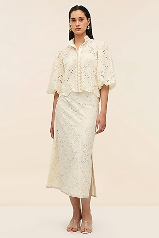 Ivory Schiffli Midi Pencil Skirt by Taangerine Tiger