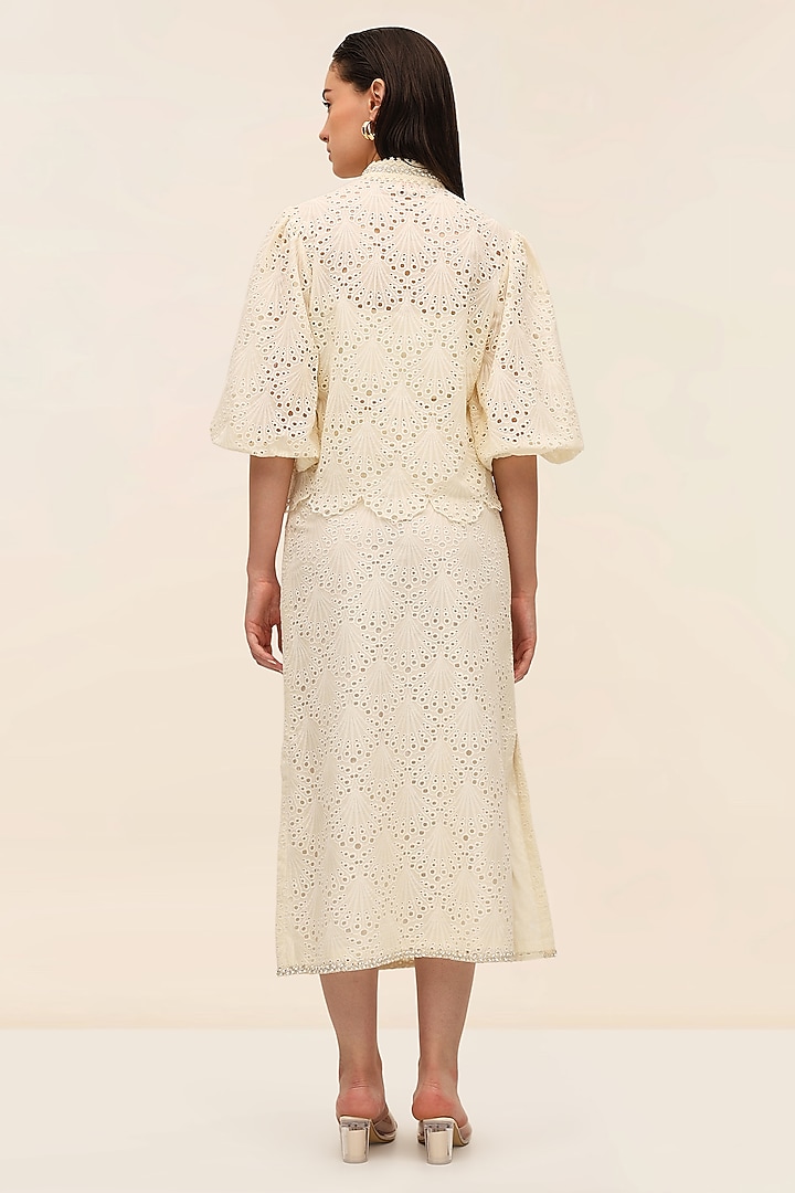 Ivory Schiffli Midi Pencil Skirt by TANGERINE at Pernia's Pop Up Shop