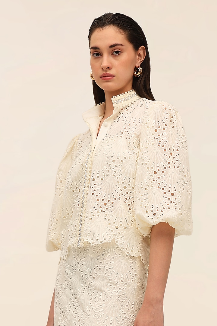 Ivory Schiffli Midi Pencil Skirt by TANGERINE at Pernia's Pop Up Shop