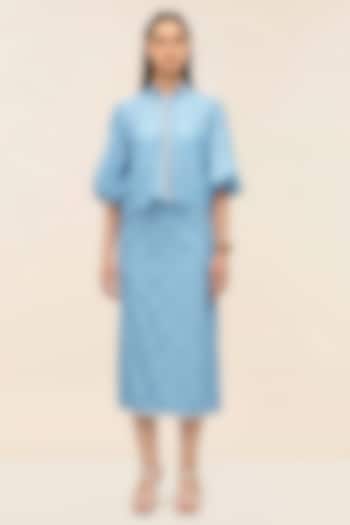 Ocean Blue Schiffli Midi Pencil Skirt by Taangerine Tiger at Pernia's Pop Up Shop