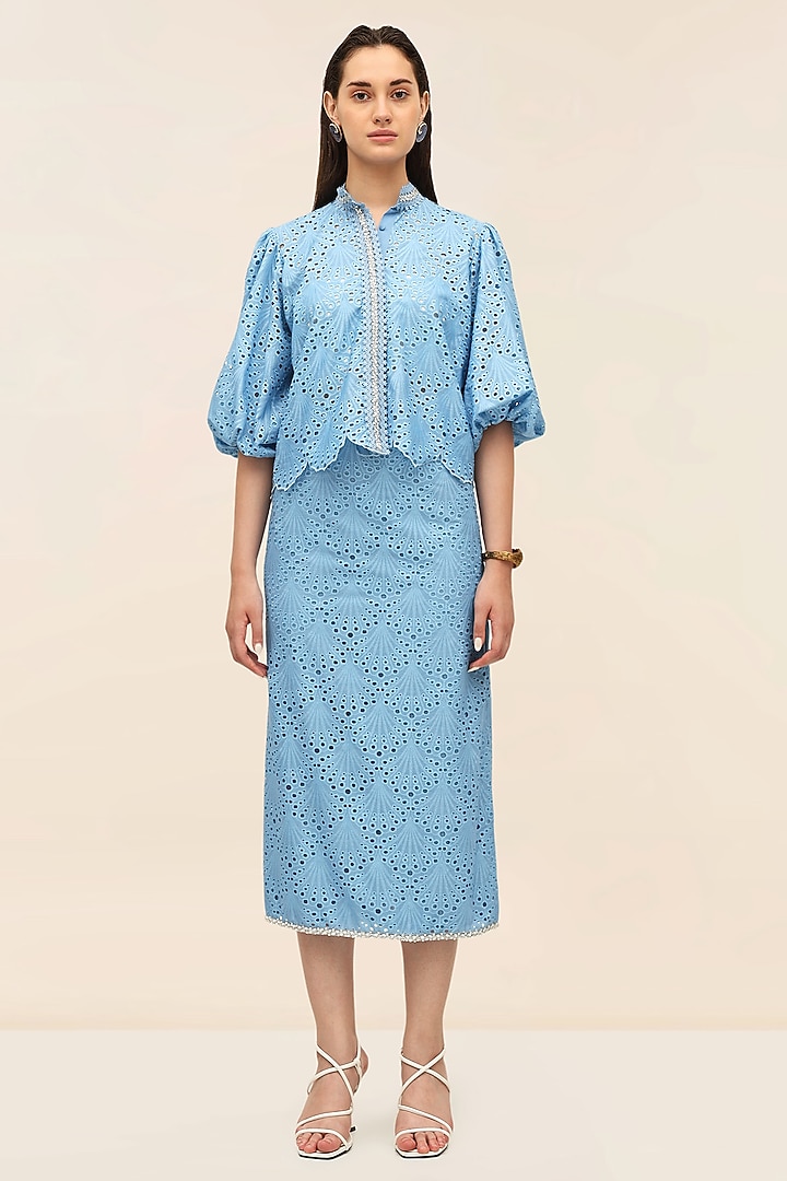 Ocean Blue Schiffli Midi Pencil Skirt by Taangerine Tiger at Pernia's Pop Up Shop