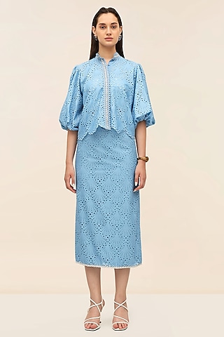 Ocean Blue Schiffli Midi Pencil Skirt by Taangerine Tiger