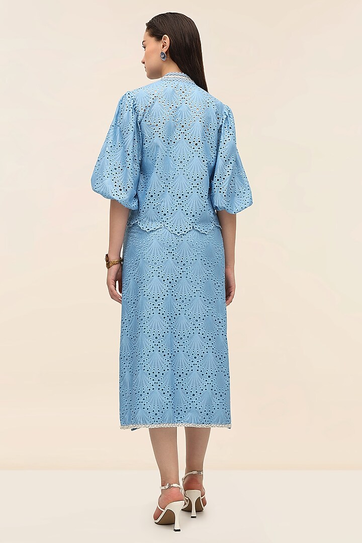 Ocean Blue Schiffli Midi Pencil Skirt by TANGERINE at Pernia's Pop Up Shop