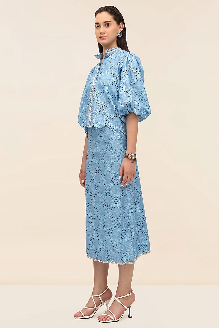 Ocean Blue Schiffli Midi Pencil Skirt by TANGERINE at Pernia's Pop Up Shop