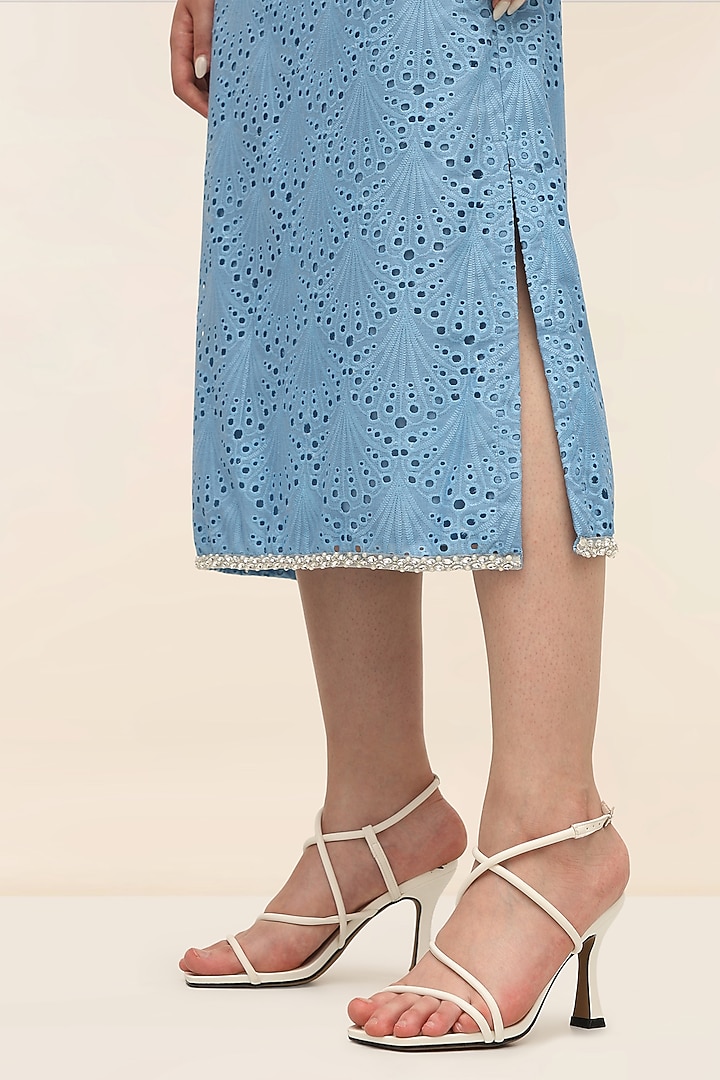 Ocean Blue Schiffli Midi Pencil Skirt by TANGERINE at Pernia's Pop Up Shop