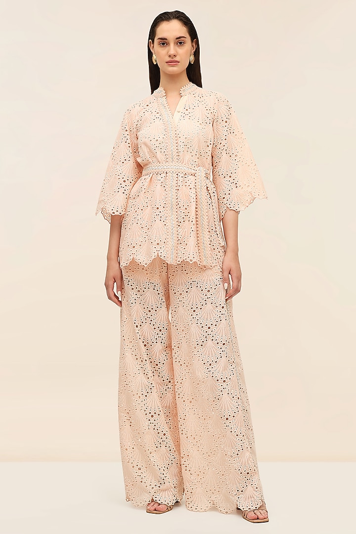 Coral Peach Schiffli Hand Embroidered Kimono Top by TANGERINE at Pernia's Pop Up Shop