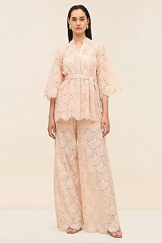 Coral Peach Schiffli Hand Embroidered Kimono Top by Taangerine Tiger