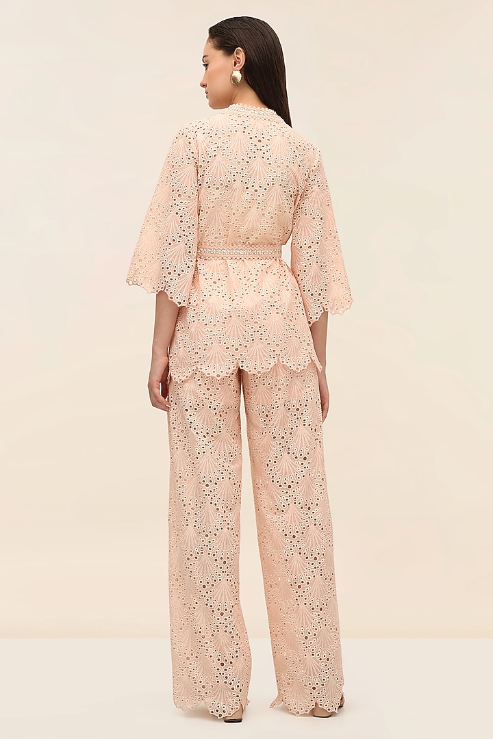 Coral Peach Schiffli Hand Embroidered Kimono Top by TANGERINE at Pernia's Pop Up Shop