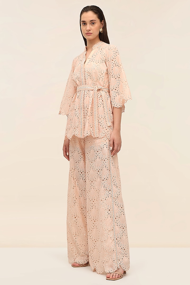 Coral Peach Schiffli Hand Embroidered Kimono Top by TANGERINE at Pernia's Pop Up Shop