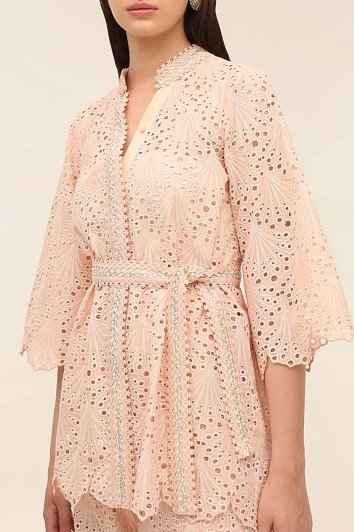 Coral Peach Schiffli Hand Embroidered Kimono Top by TANGERINE at Pernia's Pop Up Shop