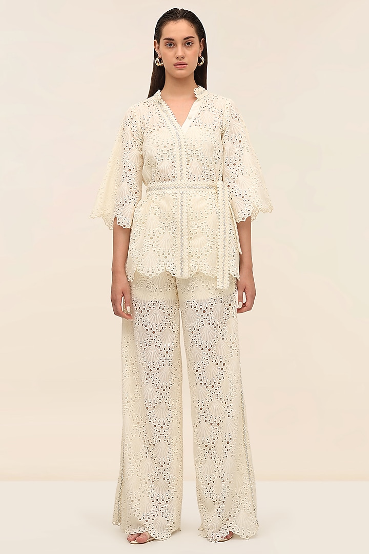 Ivory Schiffli Hand Embroidered Kimono Top by TANGERINE at Pernia's Pop Up Shop