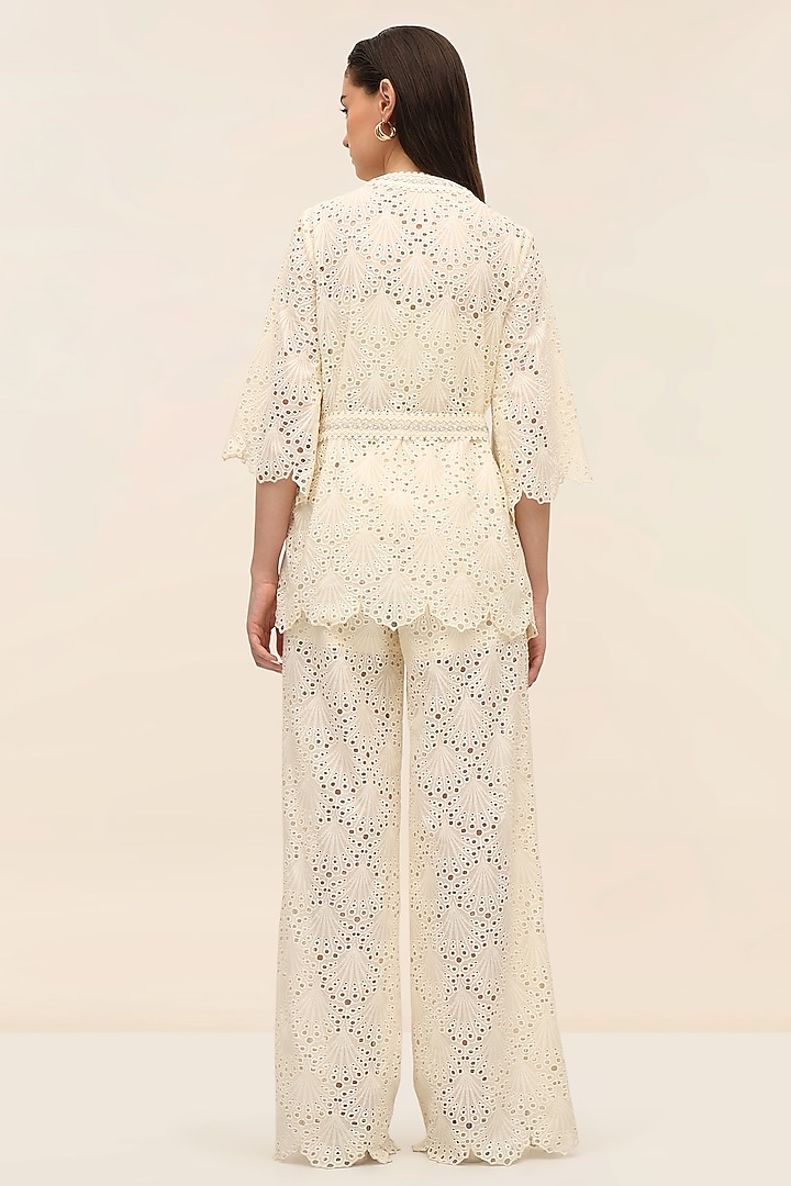 Ivory Schiffli Hand Embroidered Kimono Top by TANGERINE at Pernia's Pop Up Shop