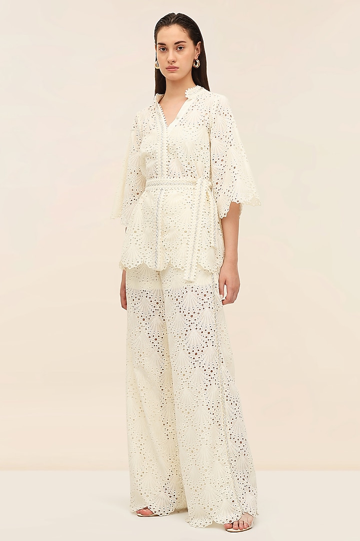 Ivory Schiffli Hand Embroidered Kimono Top by TANGERINE at Pernia's Pop Up Shop