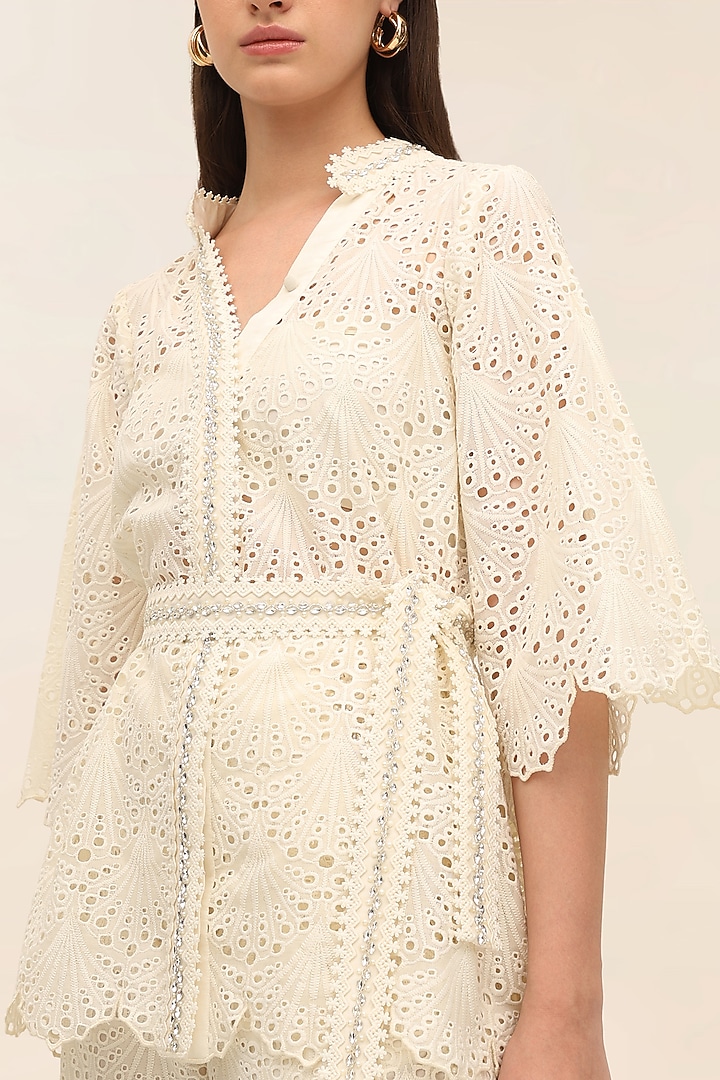 Ivory Schiffli Hand Embroidered Kimono Top by TANGERINE at Pernia's Pop Up Shop