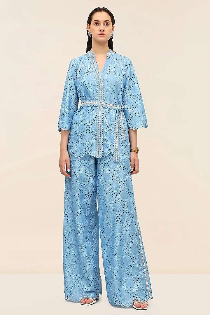 Ocean Blue Schiffli Hand-Embroidered Kimono Top by TANGERINE at Pernia's Pop Up Shop