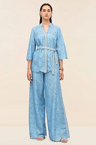 Ocean Blue Schiffli Hand-Embroidered Kimono Top by Taangerine Tiger