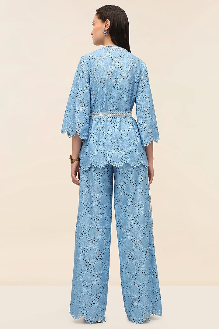 Ocean Blue Schiffli Hand-Embroidered Kimono Top by TANGERINE at Pernia's Pop Up Shop