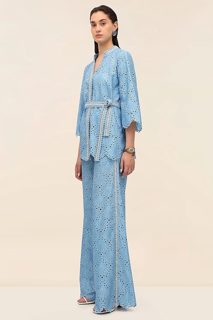 Ocean Blue Schiffli Hand-Embroidered Kimono Top by TANGERINE at Pernia's Pop Up Shop