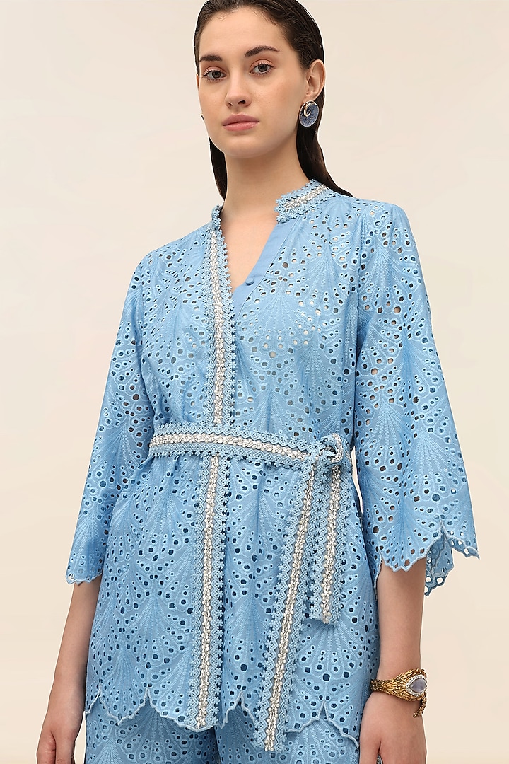 Ocean Blue Schiffli Hand-Embroidered Kimono Top by TANGERINE at Pernia's Pop Up Shop