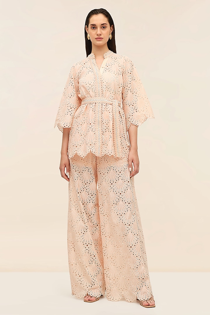 Coral Peach Schiffli Hand Embroidered Flared Pants by Taangerine Tiger at Pernia's Pop Up Shop