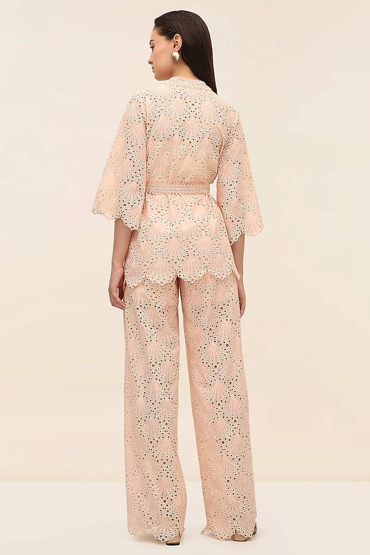 Coral Peach Schiffli Hand Embroidered Flared Pants by TANGERINE at Pernia's Pop Up Shop