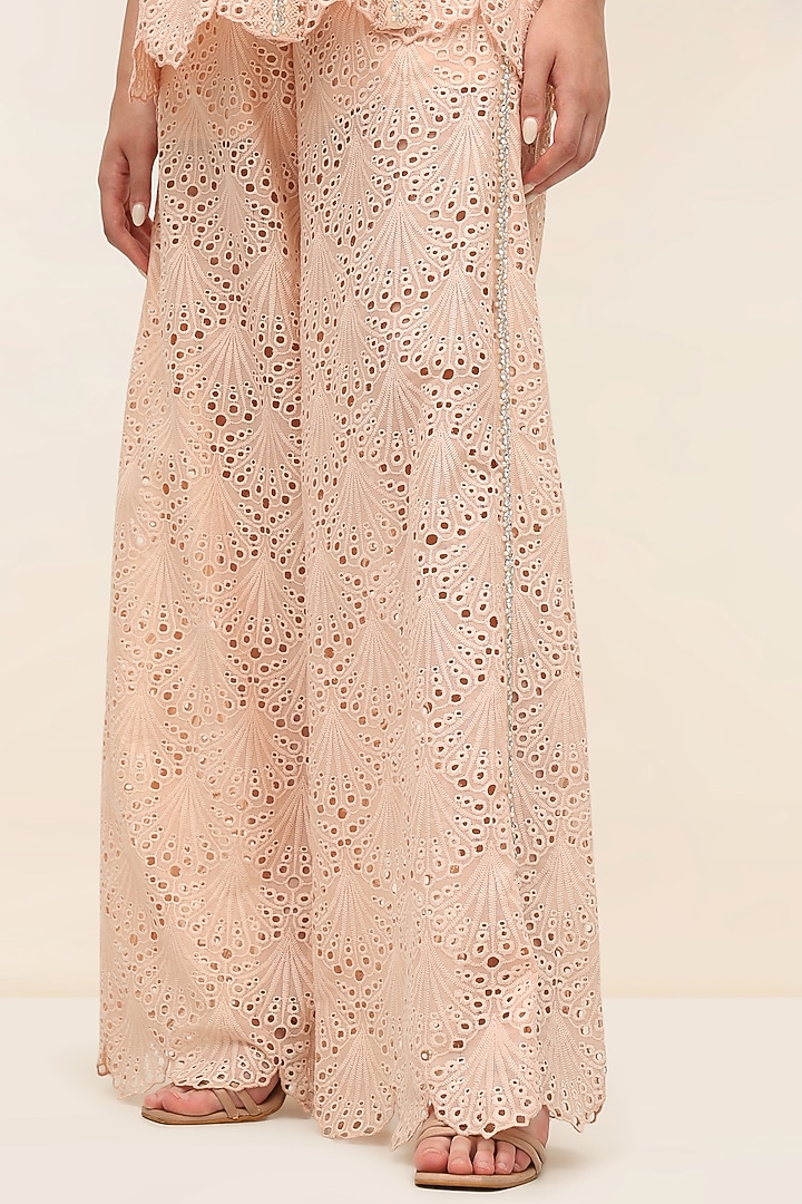 Coral Peach Schiffli Hand Embroidered Flared Pants by TANGERINE at Pernia's Pop Up Shop
