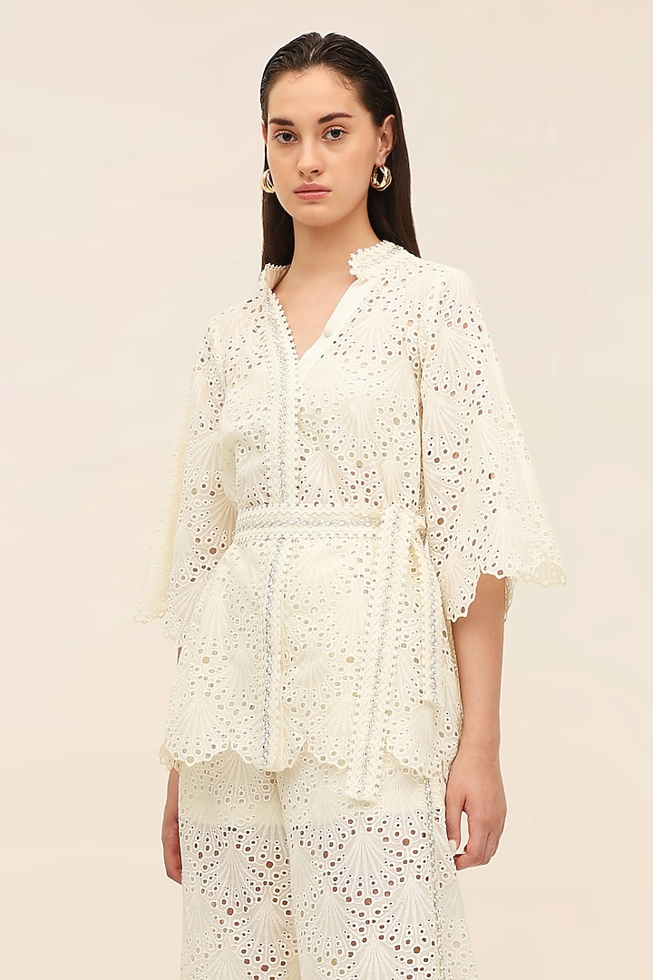 Ivory Schiffli Hand Embroidered Flared Pants by TANGERINE at Pernia's Pop Up Shop