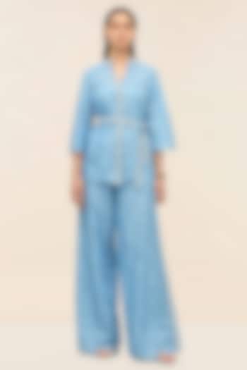 Ocean Blue Schiffli Hand-Embroidered Flared Pants by Taangerine Tiger at Pernia's Pop Up Shop