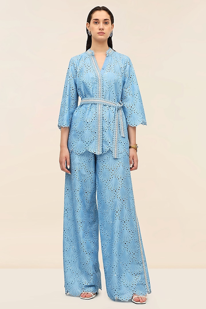 Ocean Blue Schiffli Hand-Embroidered Flared Pants by Taangerine Tiger at Pernia's Pop Up Shop