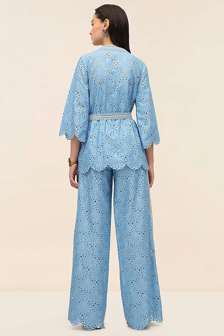 Ocean Blue Schiffli Hand-Embroidered Flared Pants by TANGERINE at Pernia's Pop Up Shop