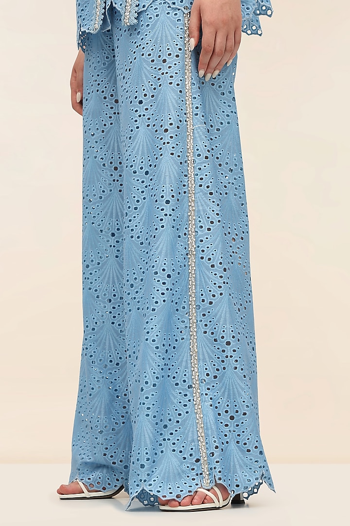 Ocean Blue Schiffli Hand-Embroidered Flared Pants by TANGERINE at Pernia's Pop Up Shop