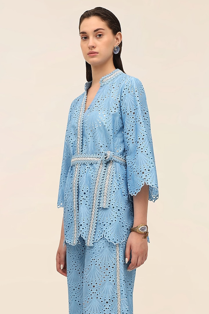 Ocean Blue Schiffli Hand-Embroidered Flared Pants by TANGERINE at Pernia's Pop Up Shop