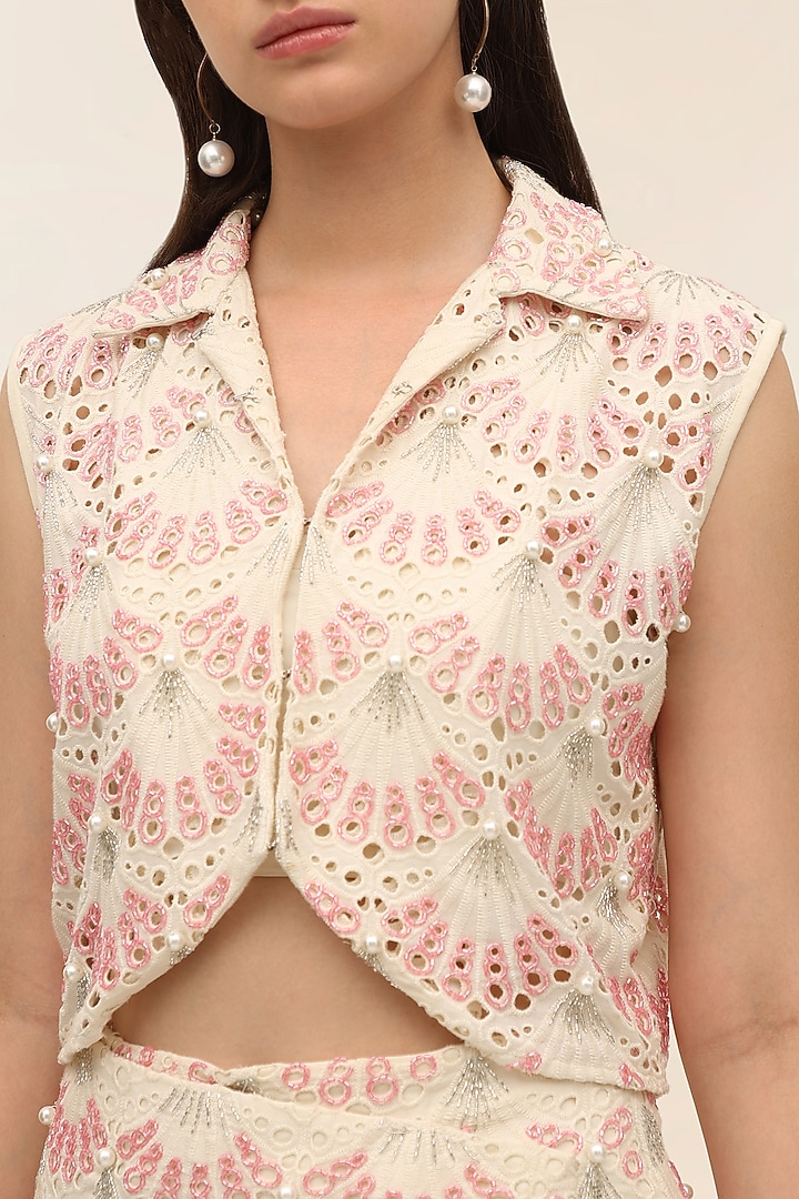 Oyster Schiffli Hand Embroidered Mini Skirt Set by TANGERINE at Pernia's Pop Up Shop
