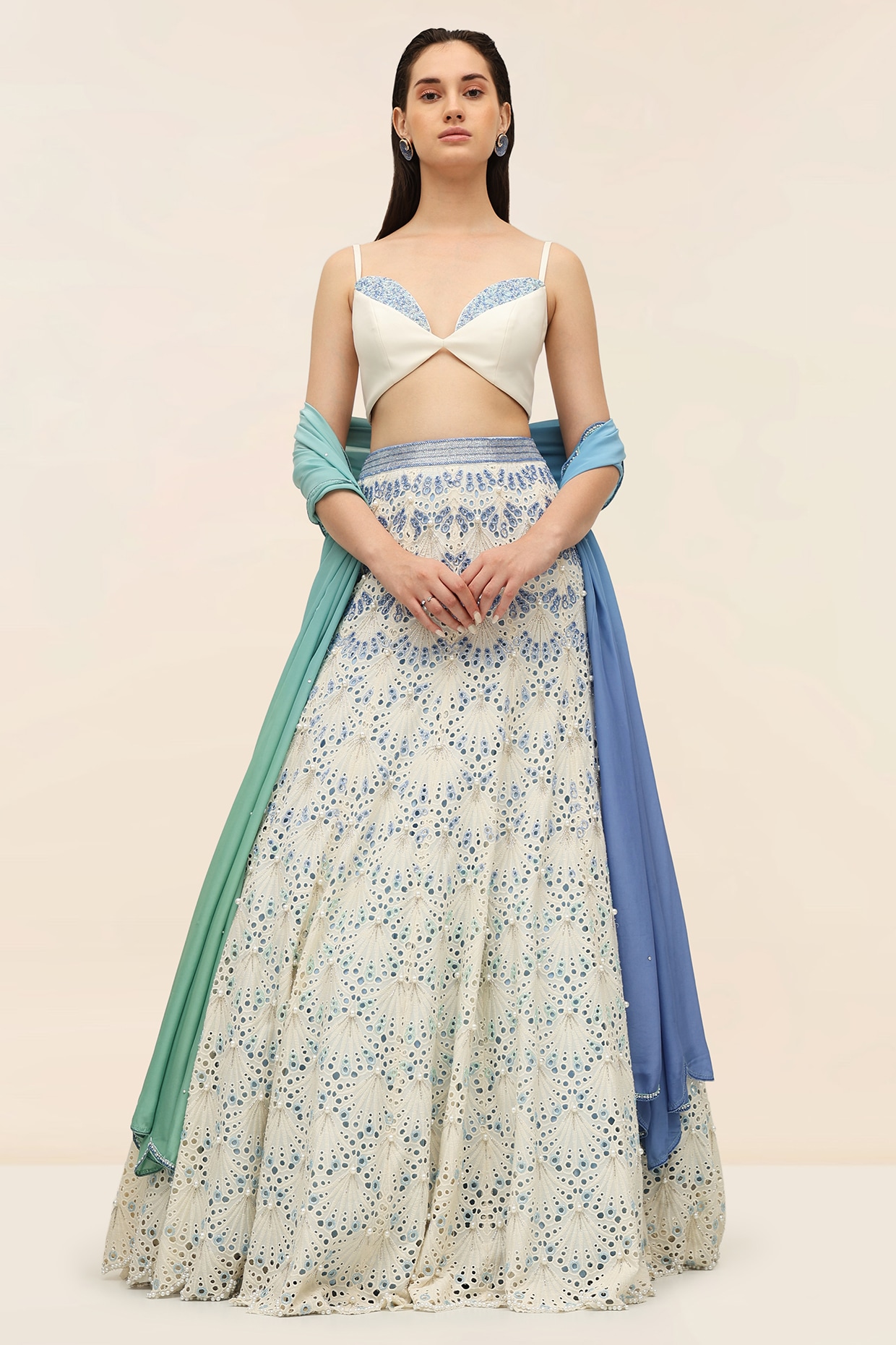 TANGERINE Oyster Ivory Schiffli Hand Embroidered Lehenga Set