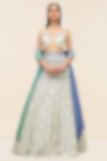 Oyster Ivory Schiffli Hand Embroidered Wedding Lehenga Set by Taangerine Tiger at Pernia's Pop Up Shop