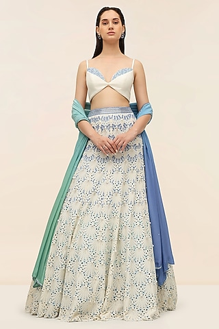 Oyster Ivory Schiffli Hand Embroidered Lehenga Set by Taangerine Tiger