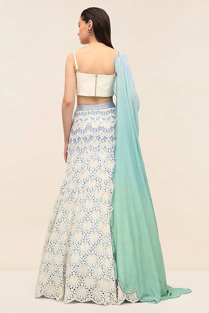 Oyster Ivory Schiffli Hand Embroidered Wedding Lehenga Set by TANGERINE at Pernia's Pop Up Shop