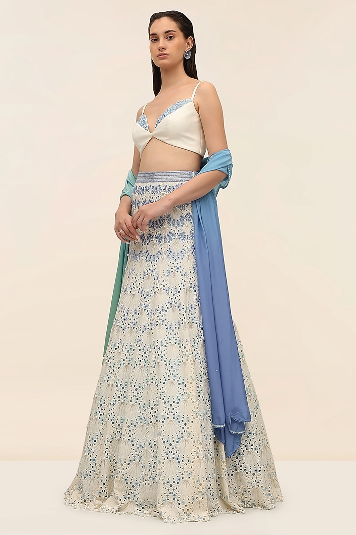 Oyster Ivory Schiffli Hand Embroidered Wedding Lehenga Set by TANGERINE at Pernia's Pop Up Shop