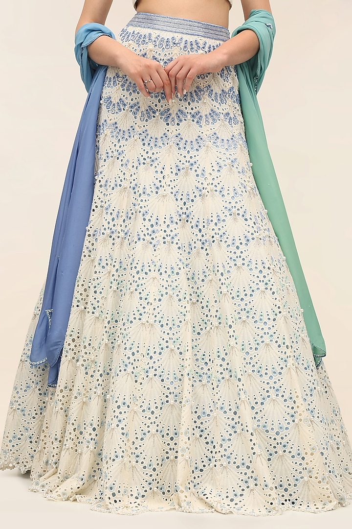 Oyster Ivory Schiffli Hand Embroidered Wedding Lehenga Set by TANGERINE at Pernia's Pop Up Shop