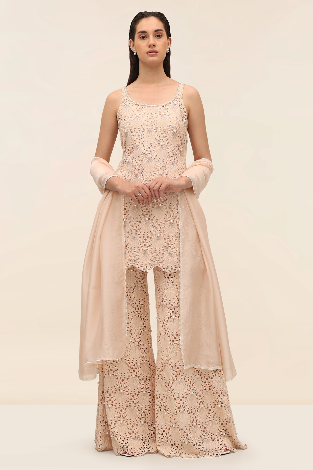 TANGERINE Coral Schiffli Hand Embroidered Sharara Set