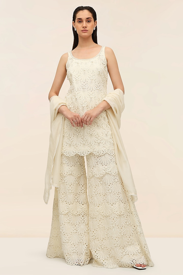 Ivory Schiffli Hand Embroidered Wedding Sharara Set by TANGERINE at Pernia's Pop Up Shop