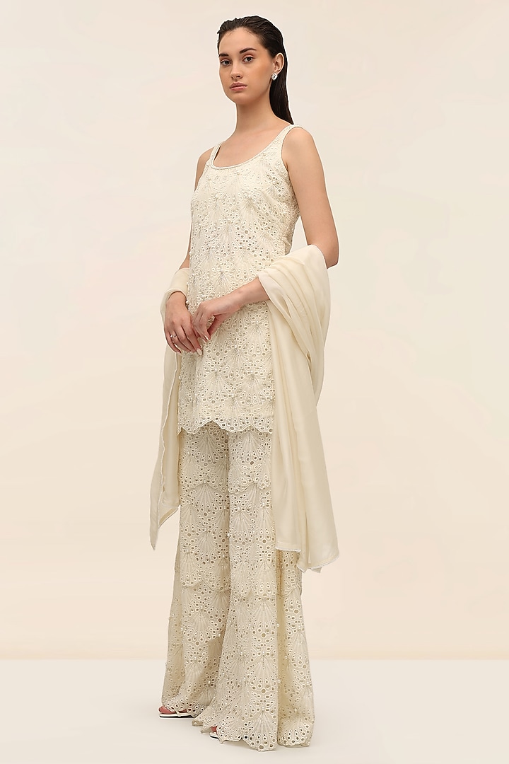 Ivory Schiffli Hand Embroidered Wedding Sharara Set by TANGERINE at Pernia's Pop Up Shop