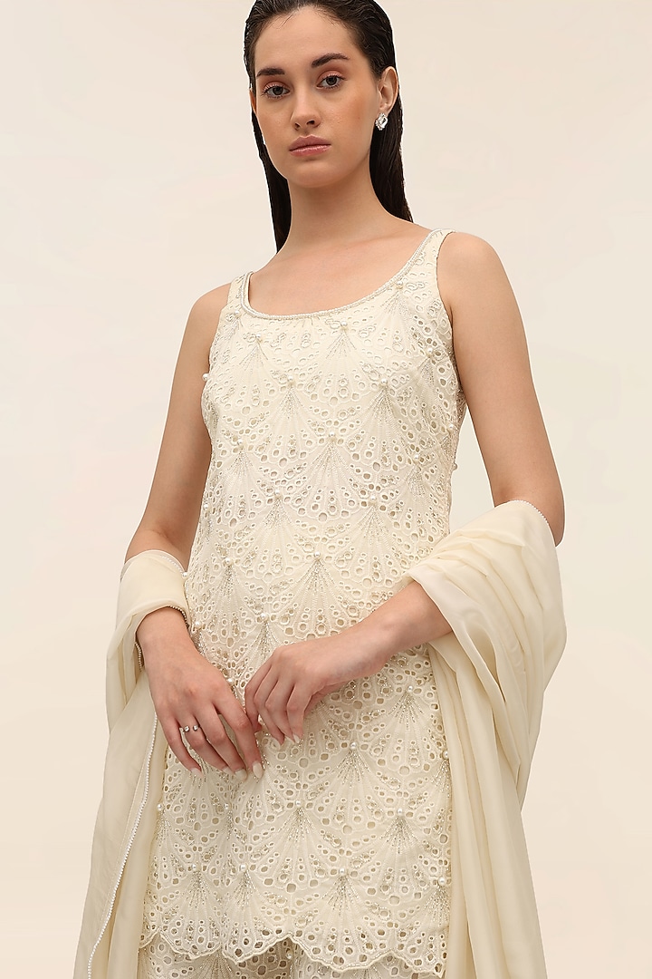 Ivory Schiffli Hand Embroidered Wedding Sharara Set by TANGERINE at Pernia's Pop Up Shop