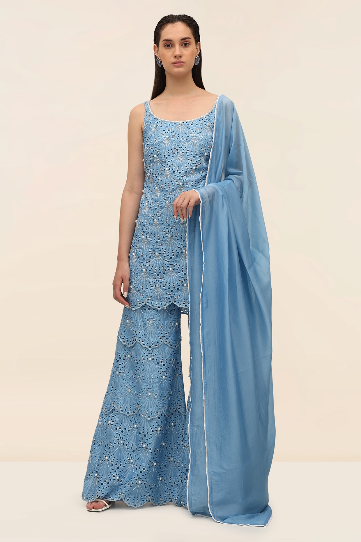 TANGERINE Ocean Blue Schiffli Hand Embroidered Sharara Set
