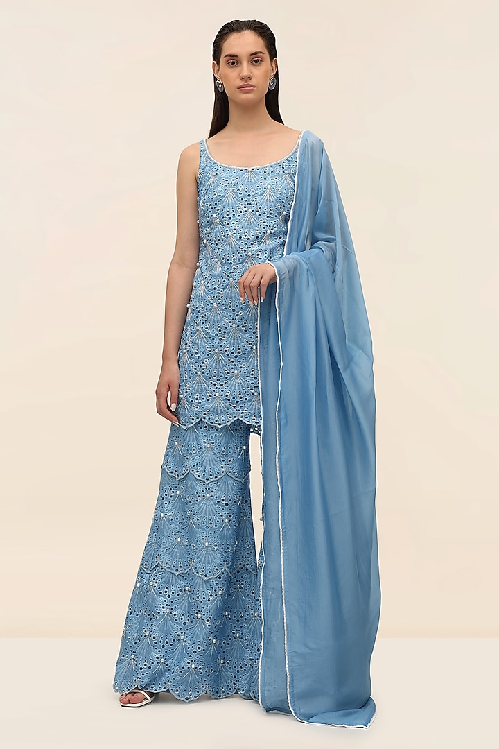 Ocean Blue Schiffli Hand Embroidered Wedding Sharara Set by TANGERINE at Pernia's Pop Up Shop