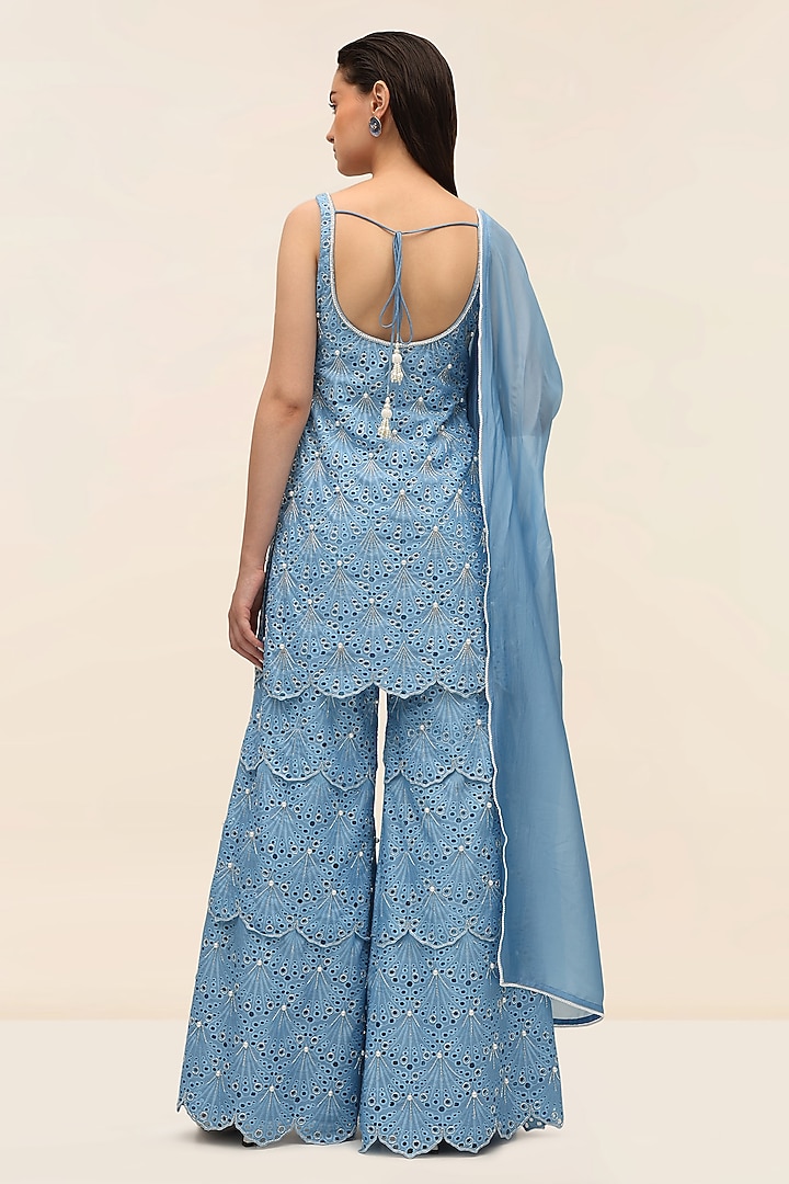 Ocean Blue Schiffli Hand Embroidered Wedding Sharara Set by TANGERINE at Pernia's Pop Up Shop