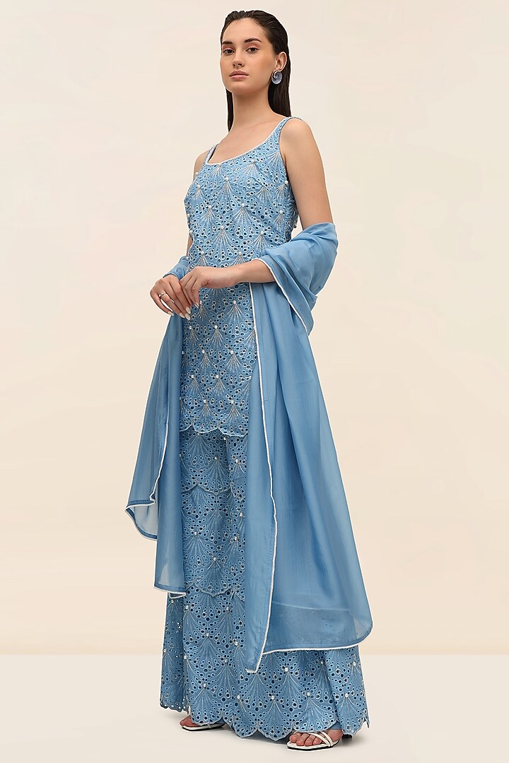 Ocean Blue Schiffli Hand Embroidered Wedding Sharara Set by TANGERINE at Pernia's Pop Up Shop