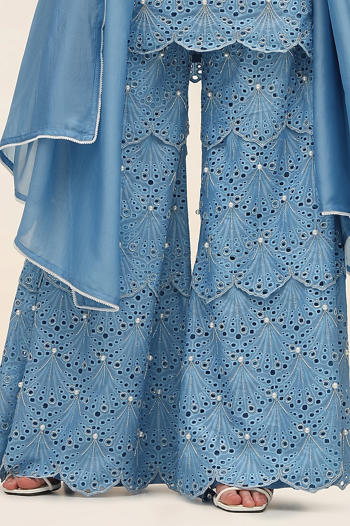 Ocean Blue Schiffli Hand Embroidered Wedding Sharara Set by TANGERINE at Pernia's Pop Up Shop