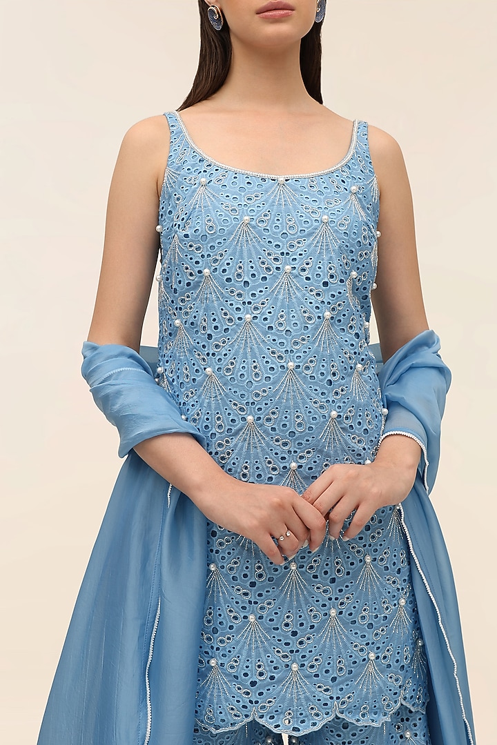 Ocean Blue Schiffli Hand Embroidered Wedding Sharara Set by TANGERINE at Pernia's Pop Up Shop
